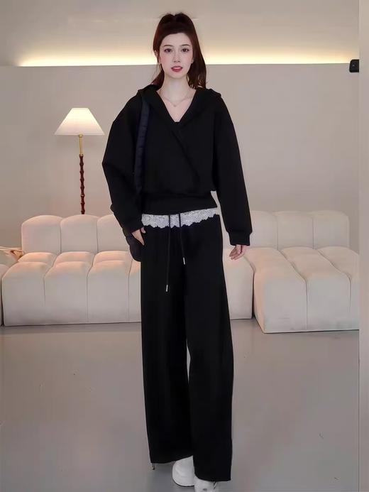 【秋上新】（套装）808黑色连帽上衣➕蕾丝边直筒裤两件套-喜出 商品图9