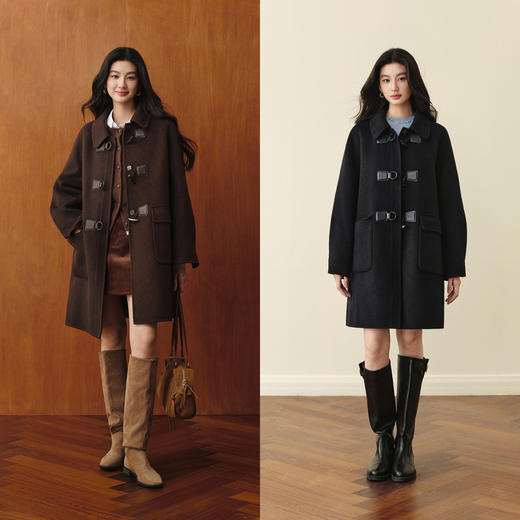 【严选】诗凡黎羊驼毛复古牛角扣双面呢大衣2025秋新款利落通勤廓形外套7G9170161 商品图1