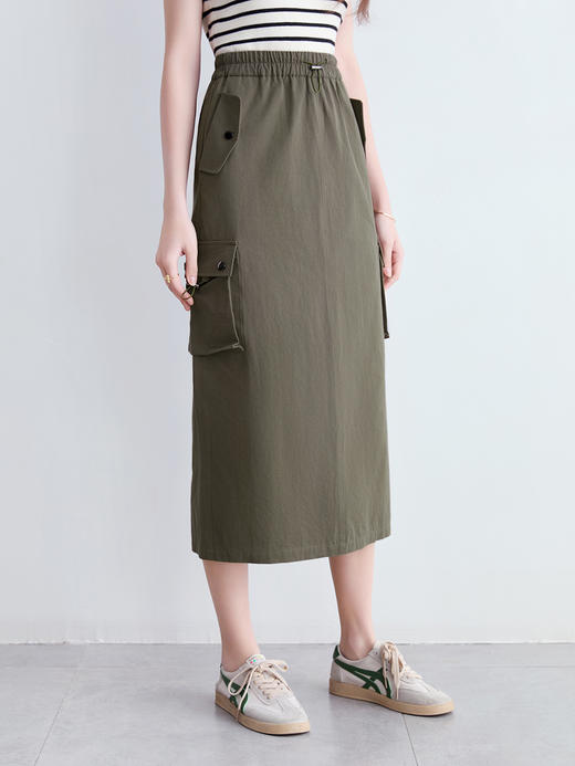 【百图lulu定制】【工装半裙】 军绿色工装风  高腰  弹力腰围  半身裙 商品图3