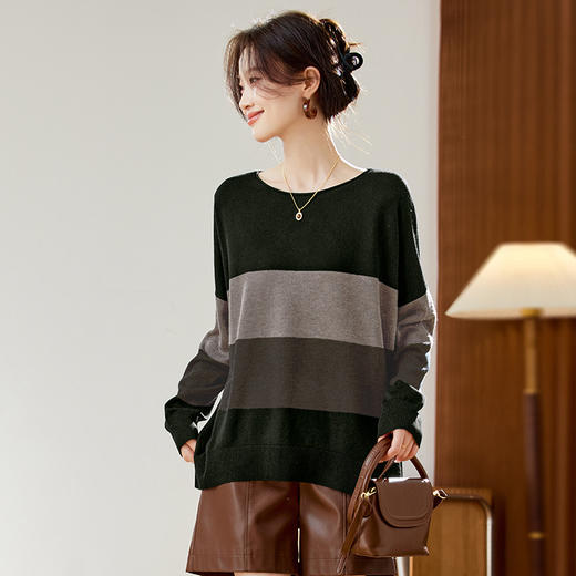 QDJD3036圆领条纹毛衣女秋冬2025新款宽松慵懒风小 个子针织打底衫上衣 商品图1