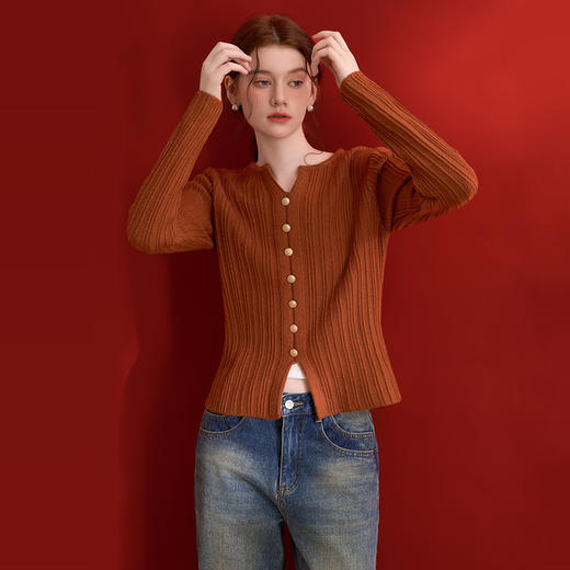 西遇HB复古辣妹纯欲风长袖针织上衣女新款咖色百搭毛衣SS140948 商品图6