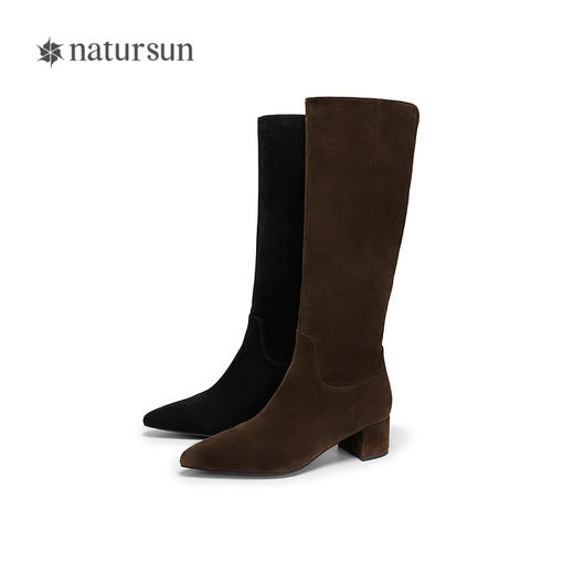 natursun复古弹力靴女士冬季新款尖头显瘦长筒靴子粗跟瘦瘦靴N25556706 商品图4