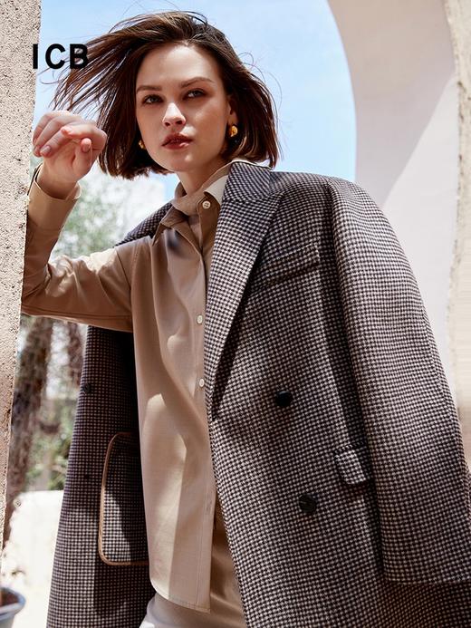 ICB日系秋季通勤直筒纯羊毛双排扣格子中长呢大衣长外套商场同款 商品图1