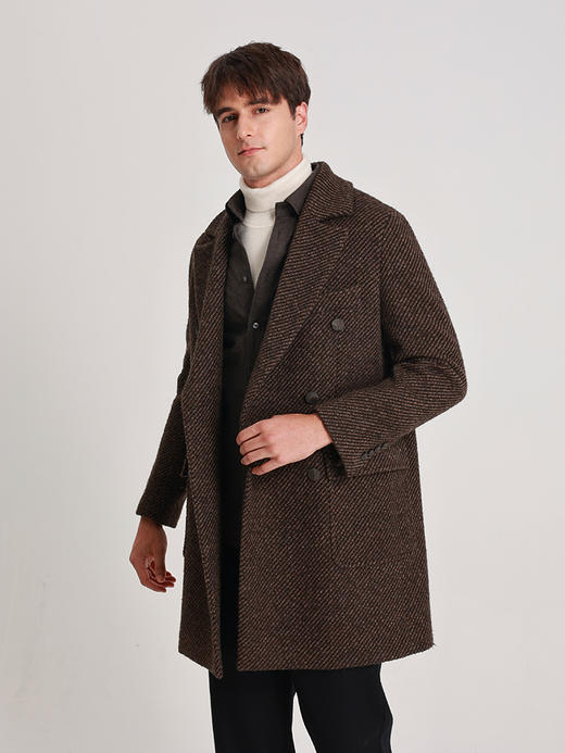 callisto雪茄棕双色斜织纹双排扣大衣 商品图3
