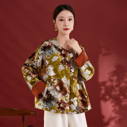 QS秋冬新款25真丝丝绒烫金印花外套女新中式复古上衣1805 商品图0