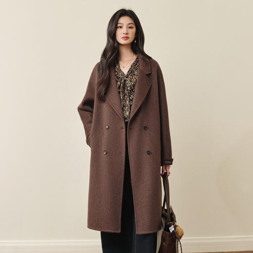 【严选】诗凡黎绵羊毛翻领长款大衣2025秋冬新款双排扣气质通勤双面呢外套7G8170731D 商品图6