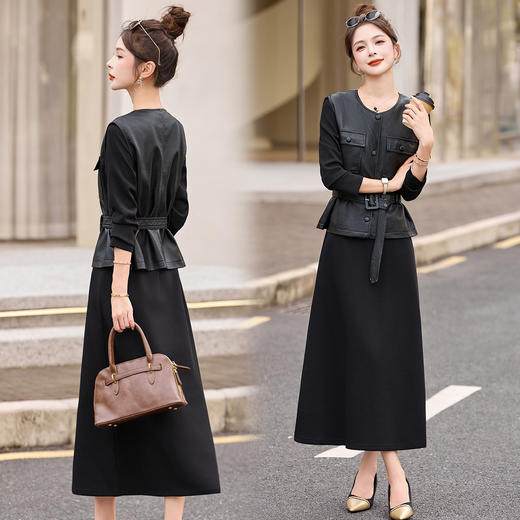 HR YBX8606轻熟风连衣裙套装时尚洋气系带PU皮马甲打底裙两件套 商品图2