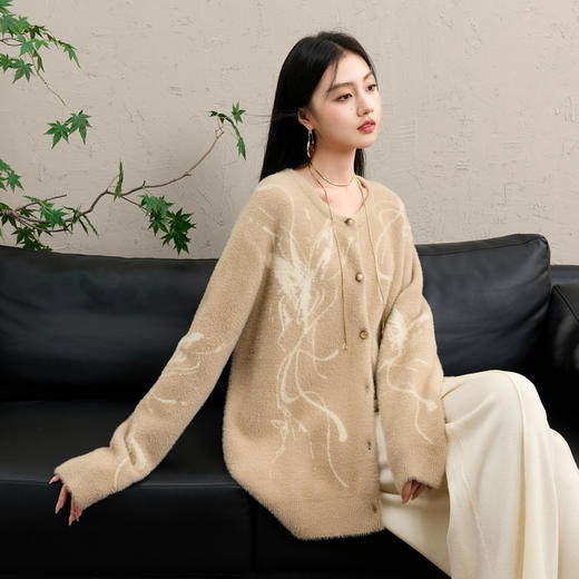 三彩【流萤飞舞】2025冬季新款仿貂毛提花针织衫圆领开衫宽松C 商品图2