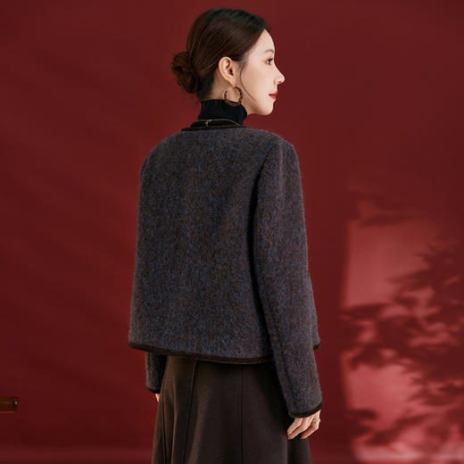 QS25秋冬新款经典小香风复古拼接羊毛混纺复古圆领外套女上衣1781 商品图3