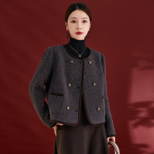 QS25秋冬新款经典小香风复古拼接羊毛混纺复古圆领外套女上衣1781 商品图0