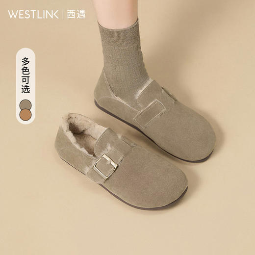 西遇复古勃肯鞋女新款冬季加绒两穿一脚蹬毛毛鞋保暖外穿棉鞋D0034407 商品图0