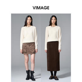 VIMAGE纬漫纪绵羊毛时尚长袖复古圆领绞花针织衫上衣2025秋季新款V2401106