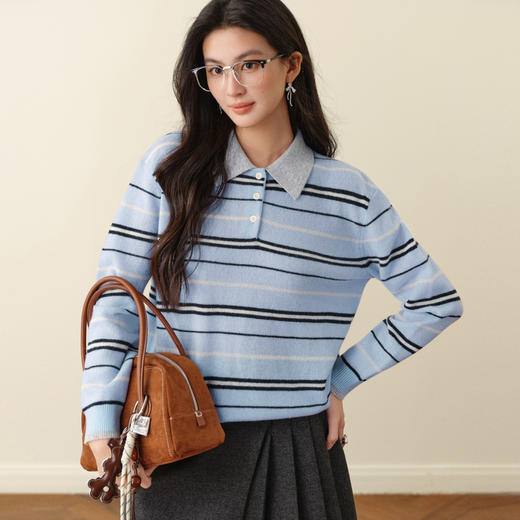 【严选】诗凡黎撞色条纹Polo领针织衫2025秋冬新款学院风高智韩系慵懒上衣7G9333131 商品图4