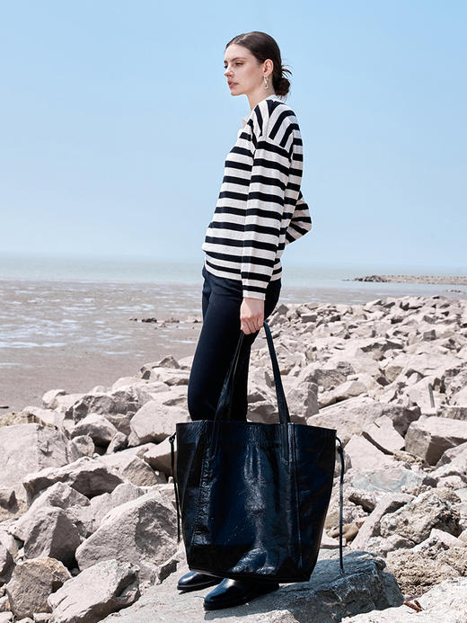 ICB日系春季通勤羊毛羊绒混纺方领套头条纹毛衣针织毛衫商场同款 商品图2