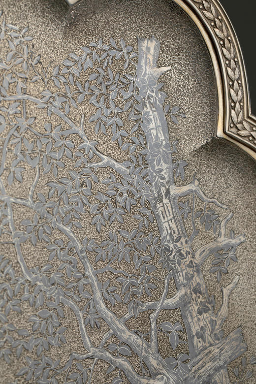 独角鹿西洋古董19世纪法国出品花押字母纹及森林狩猎主题纯银精雕嵌黑色合金双耳托盘 商品图2