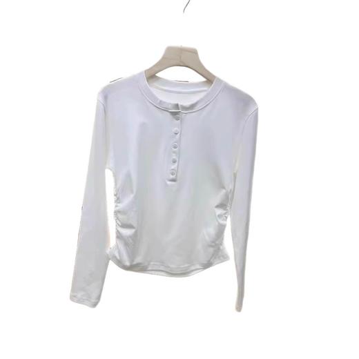 LU系！2025美式侧边褶皱纽扣秋季半开襟圆领亨利领长袖打底长袖T恤女款！ 商品图4