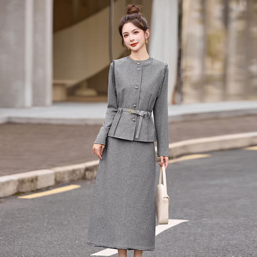 HR YBX8609韩系气质毛边马甲套装系带收腰半身裙三件套 商品图1