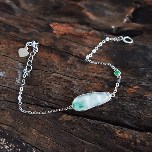 【天然正品】A货翡翠AU750白金镶天然细腻冰种飘蓝花福豆造型翡翠手链链长：16CM（长度可调节）女士170925XY02现售价：2180 商品图2