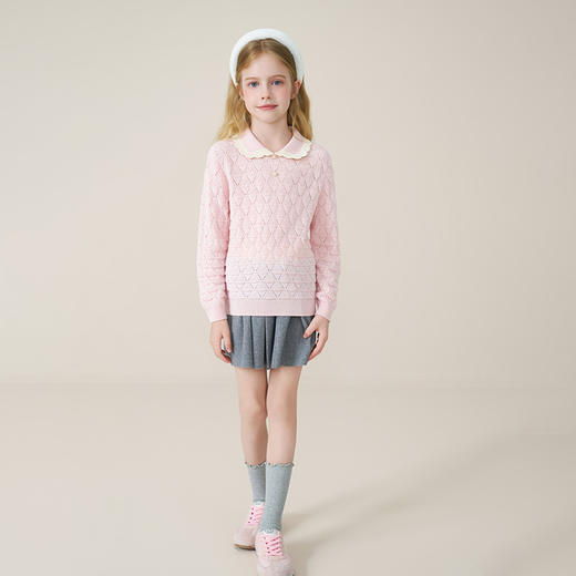 儿童100%羊绒衫2025秋冬女童花边翻领针织毛衣镂空提花甜美打底衫 商品图5