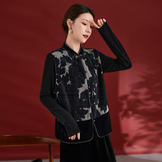 QS秋冬新款新中式马甲撞色设计100桑蚕丝丝绒上衣女百搭日常款1779 商品图1