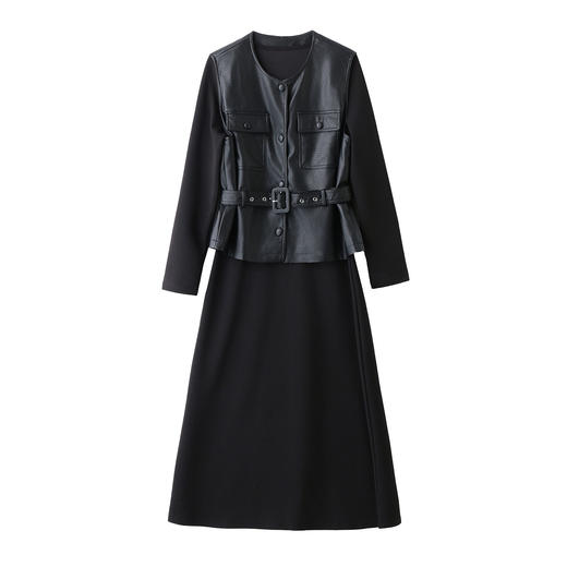 HR YBX8606轻熟风连衣裙套装时尚洋气系带PU皮马甲打底裙两件套 商品图4