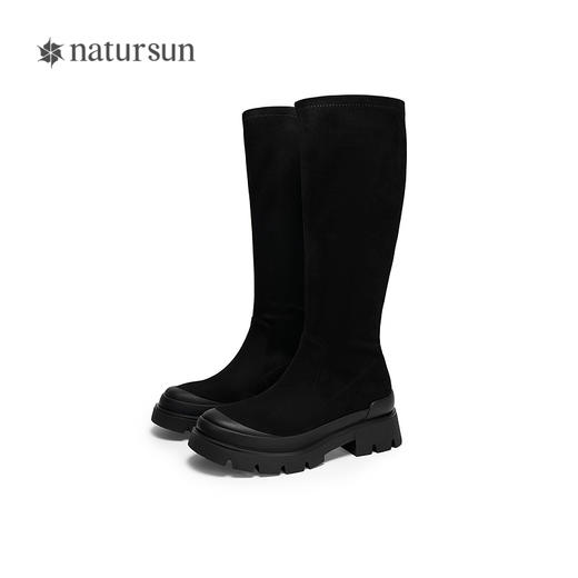 natursun复古弹力靴冬季新款女厚底显高显瘦黑色袜靴长筒靴子N25528605 商品图4