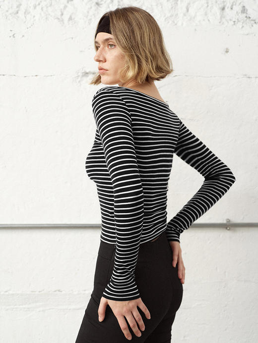 TR她热 松弛刻度 灰色条纹软糯假两件基础款百搭弹力打底衫上衣 商品图4