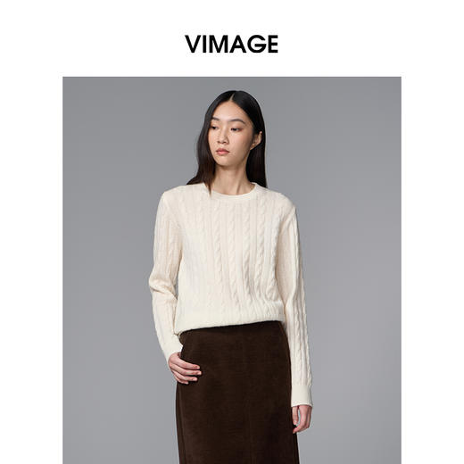 VIMAGE纬漫纪绵羊毛时尚长袖复古圆领绞花针织衫上衣2025秋季新款V2401106 商品图3