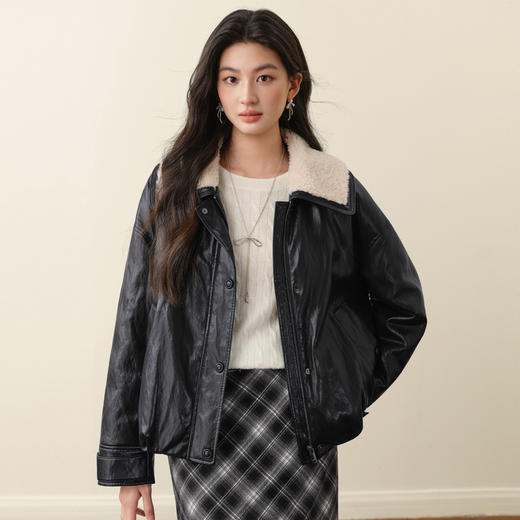 【严选】孟子义诗凡黎仿羊羔毛领蛋白皮衣外套2025秋冬宽松短款轻薄羽绒服7G9380011 商品图3