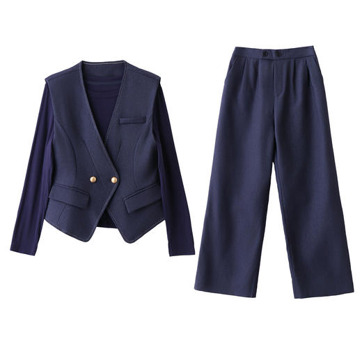 HR YBX8608老钱风时尚马甲套装气质干练阔腿裤三件套 商品图4