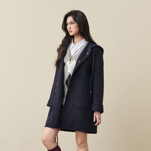 【严选】诗凡黎学院风绵羊毛双面呢大衣2025秋冬新款复古宽松中长款外套女7G9370281 商品图2