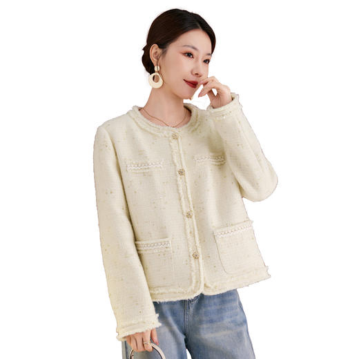 QS法式小香风桑蚕丝短外套2025秋冬新款高级感显瘦白色上衣女1207 商品图4