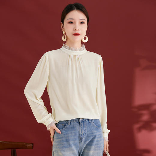 QS真丝丝绒秋季新款法式气质立领褶皱时尚花边套头长袖上衣女1873 商品图1