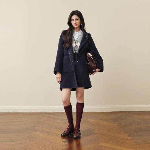 【严选】诗凡黎学院风绵羊毛双面呢大衣2025秋冬新款复古宽松中长款外套女7G9370281 商品图1