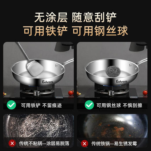 贝伦斯不锈钢平底锅煎锅无涂层不易粘烙饼煎蛋牛排早餐电磁炉燃气灶24CM 商品图2