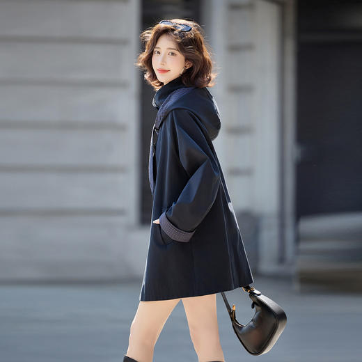 HR YBX8506撞色学院风连帽新款风衣外套中长款宽松大衣 商品图2