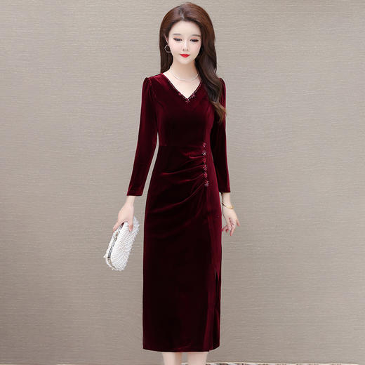 秋季新款金丝绒连衣裙，气质包臀裙中长款开衩裙QYM-LRX-615C9910-Y 商品图0