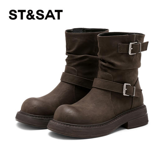 星期六复古西部双扣带牛仔堆堆靴SSD4116C7B 商品图7