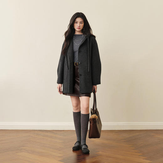 【严选】诗凡黎羊毛骆驼绒休闲连帽大衣2025冬新款宽松高级感双面呢外套女7G9370791 商品图1