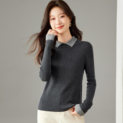 气质撞色翻领针织衫女秋冬修身打底衫百搭短毛衣百搭减龄通勤上衣 商品图0