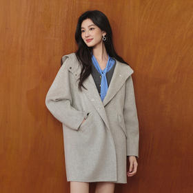 【严选】诗凡黎浅灰连帽毛呢外套2025冬新款100绵羊毛韩系百搭一手长大衣7G9370361