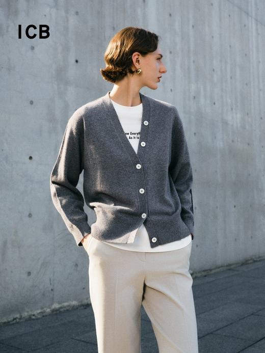 ICB日系春季通勤宽松纯山羊绒V领针织毛衣开衫编织羊绒衫商场同款 商品图6