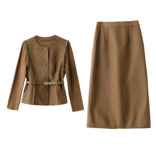 HR YBX8609韩系气质毛边马甲套装系带收腰半身裙三件套 商品图4