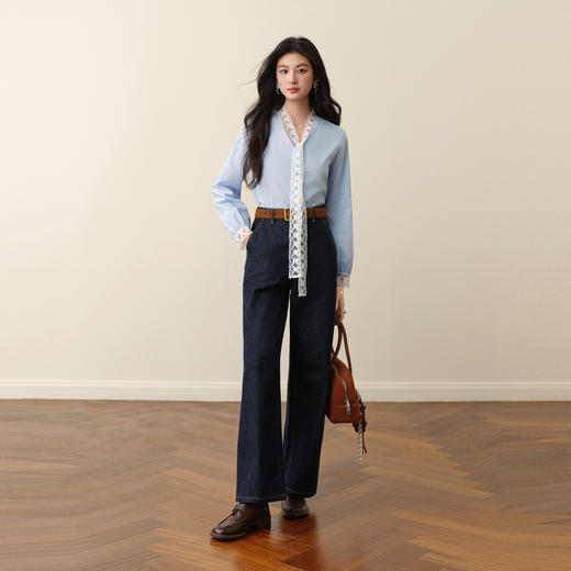 【严选】诗凡黎蕾丝飘带V领衬衫2025秋新款气质通勤显瘦设计感长袖小上衣7G9320921 商品图1