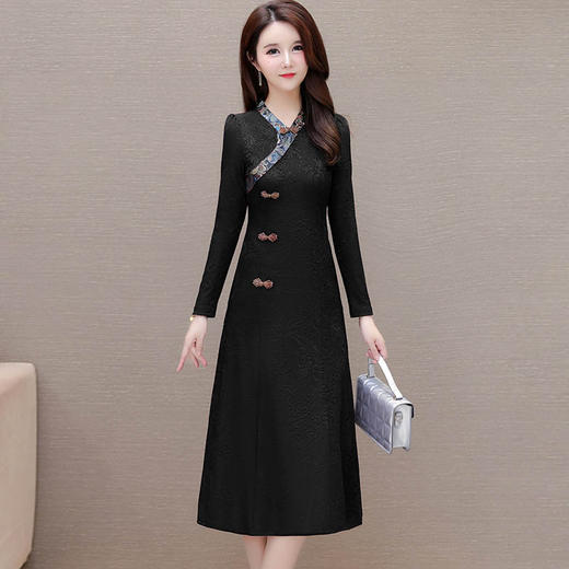 喜婆婆婚宴礼服旗袍裙，改良复古裙中长款长衩提花连衣裙QYM-LRX-J5C528-Y 商品图1