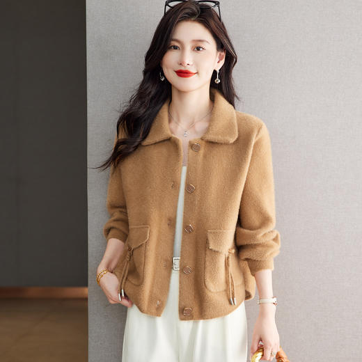 XFY-3080小香风短款开衫女士外套2025春秋季仿水貂绒翻领口袋宽松上衣外搭 商品图1