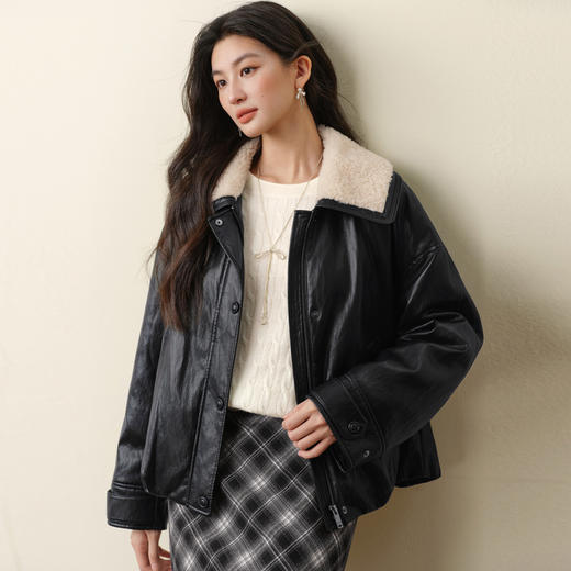 【严选】孟子义诗凡黎仿羊羔毛领蛋白皮衣外套2025秋冬宽松短款轻薄羽绒服7G9380011 商品图4