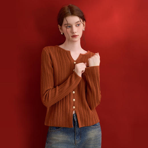 西遇HB复古辣妹纯欲风长袖针织上衣女新款咖色百搭毛衣SS140948 商品图1