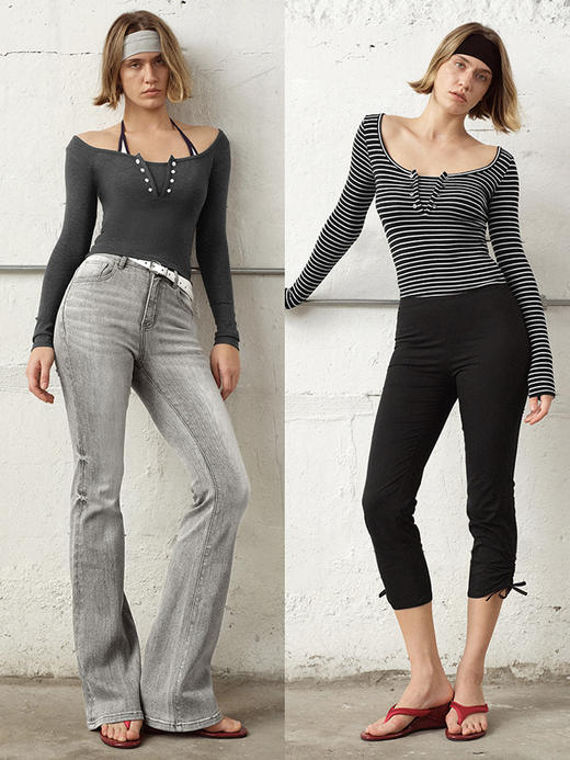 TR她热 松弛刻度 灰色条纹软糯假两件基础款百搭弹力打底衫上衣 商品图0