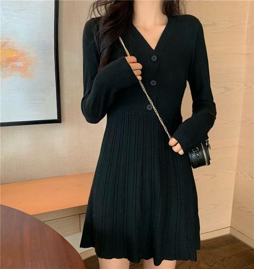 【秋冬新款❗️温柔风V领长袖连衣裙】女时髦桔梗小个子显瘦毛衣打底裙子 商品图1